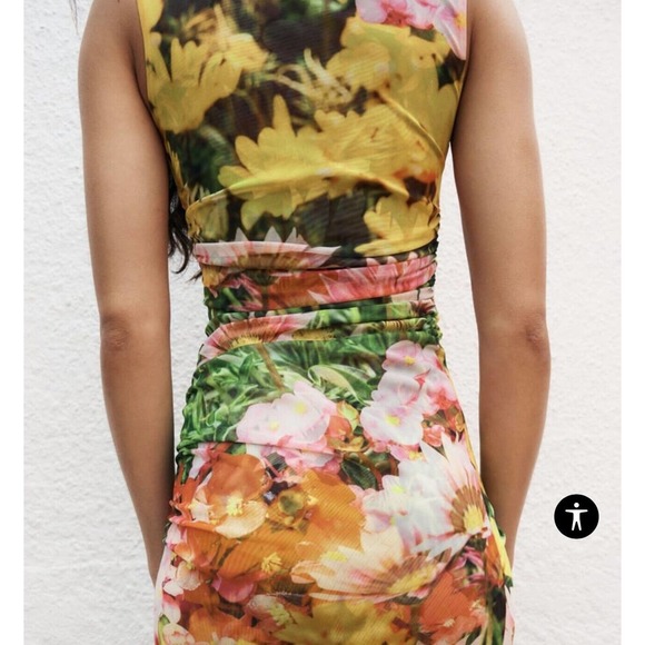ZARA WOMENS LONG DRAPED FLORAL PRINTED TULLE DRESS SLIT sz M (B26) - Picture 3 of 16